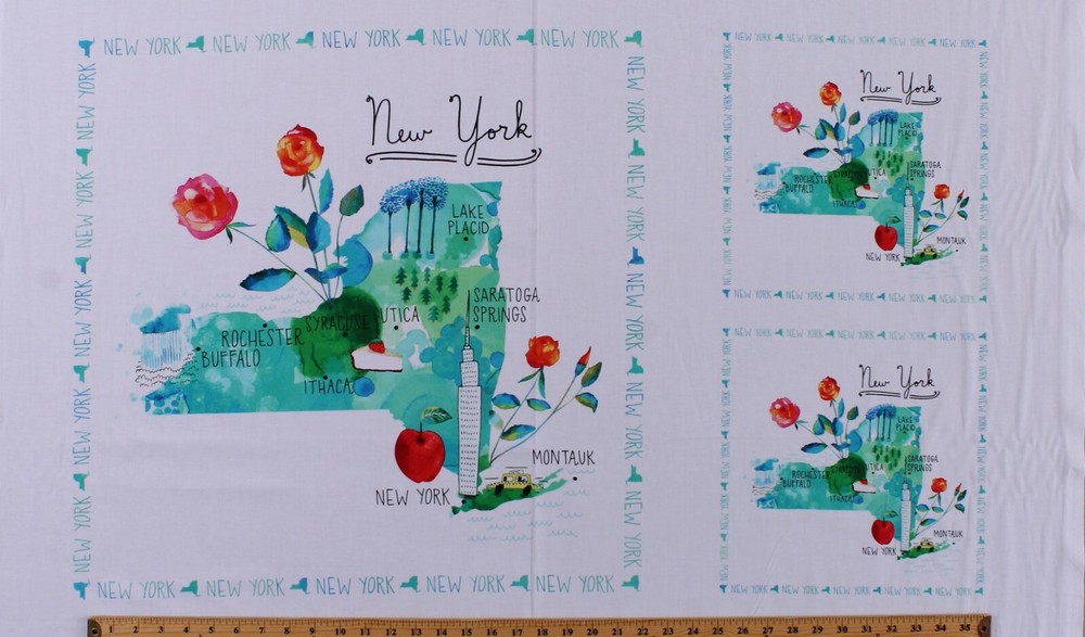 24″ X 44″ Panel New York State Symbols Roses Apples Cities Cotton Fabric D660.09