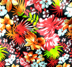 Black Tropical Hawaiian Print Fabric Orange Red Hibiscus Poly Cotton 58″ By Yard