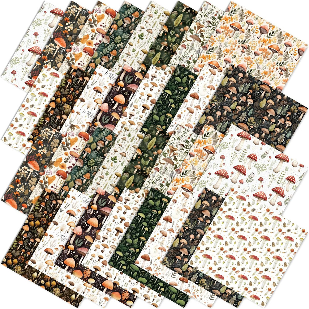 32 Pcs Mushroom Fabric Squares Forest Plants Cotton Fabric Bundles Small Mushroo