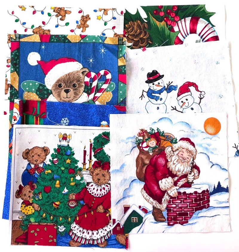 100 Quilt Fabric Squares 6.5″ x 6.5″ – Christmas – Santa, Bears, Snowmen, Rose