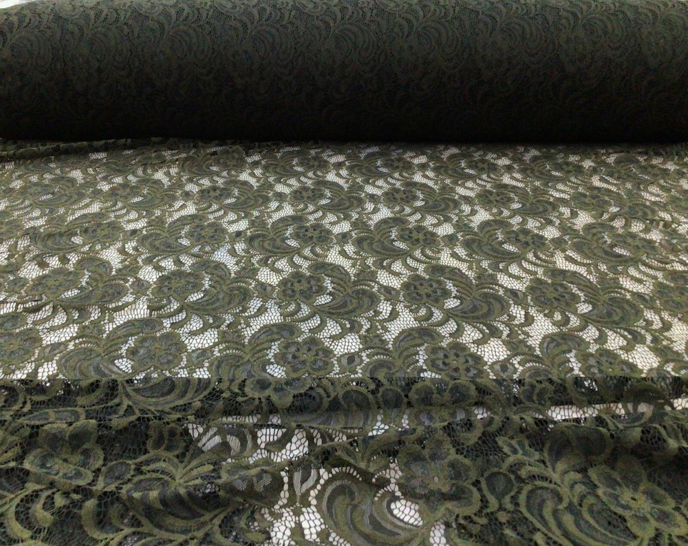Embroidered Stretch Lace Apparel Fabric Sheer Floral Dark Moss Green YY110
