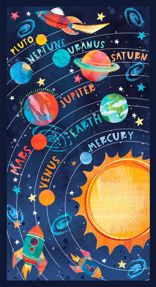 Space Planet Fabric Earth Mars Jupiter Blast Off Cotton by Blank 24″X44″ Panel