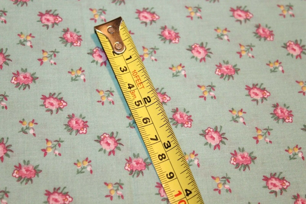 1930s reproduction fabric cotton quilt Teal w/ pink mauve flowers 43″x1/2 yd