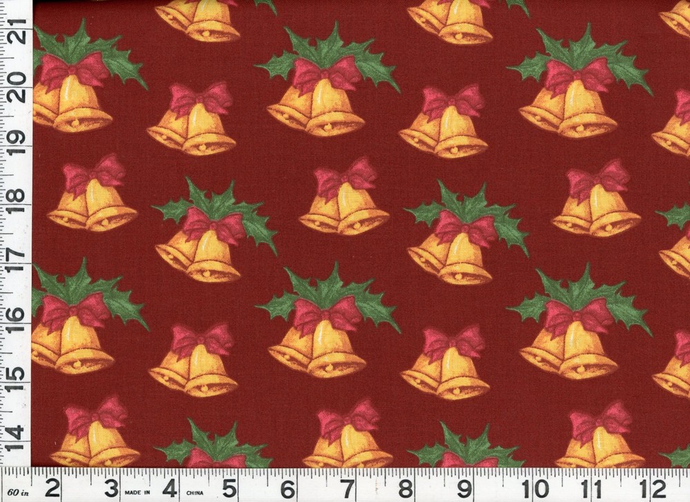 Golden Bells & Holly on Dark Red Christmas Quilting Sewing Fabric by Yard #3252