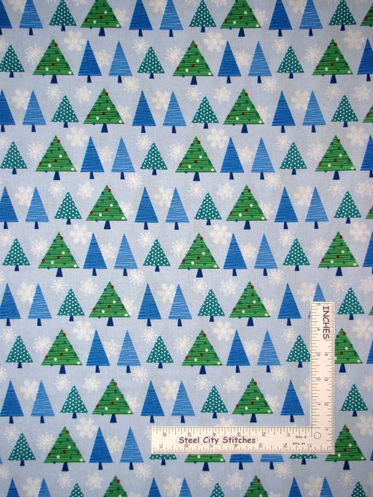 Christmas Tree Snowflake Fabric By The Yard Blue White Cotton Benartex Snow Days
