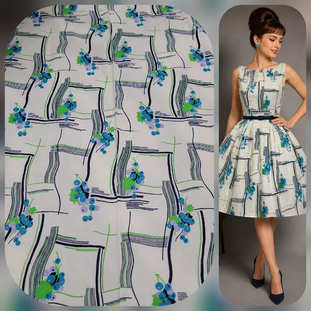 VTG 1972 Mid Century Fabric 4 Yards 44″ Blue Green Berry Geometric Mod Polyester