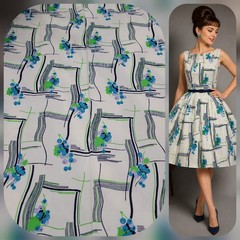 VTG 1972 Mid Century Fabric 4 Yards 44″ Blue Green Berry Geometric Mod Polyester