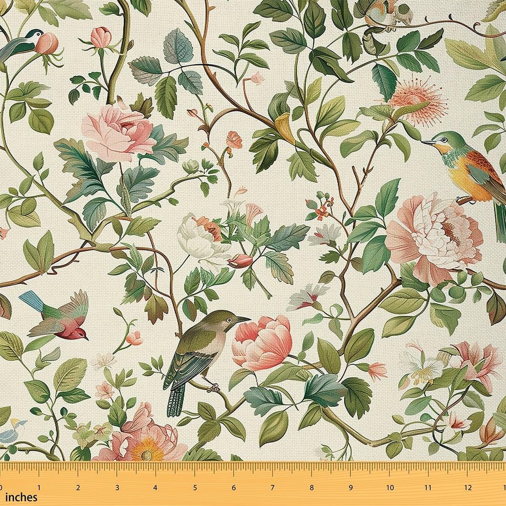Erosebridal Birds Watercolor Fabric By The Yard, Retro 10 Yards, Green Pink