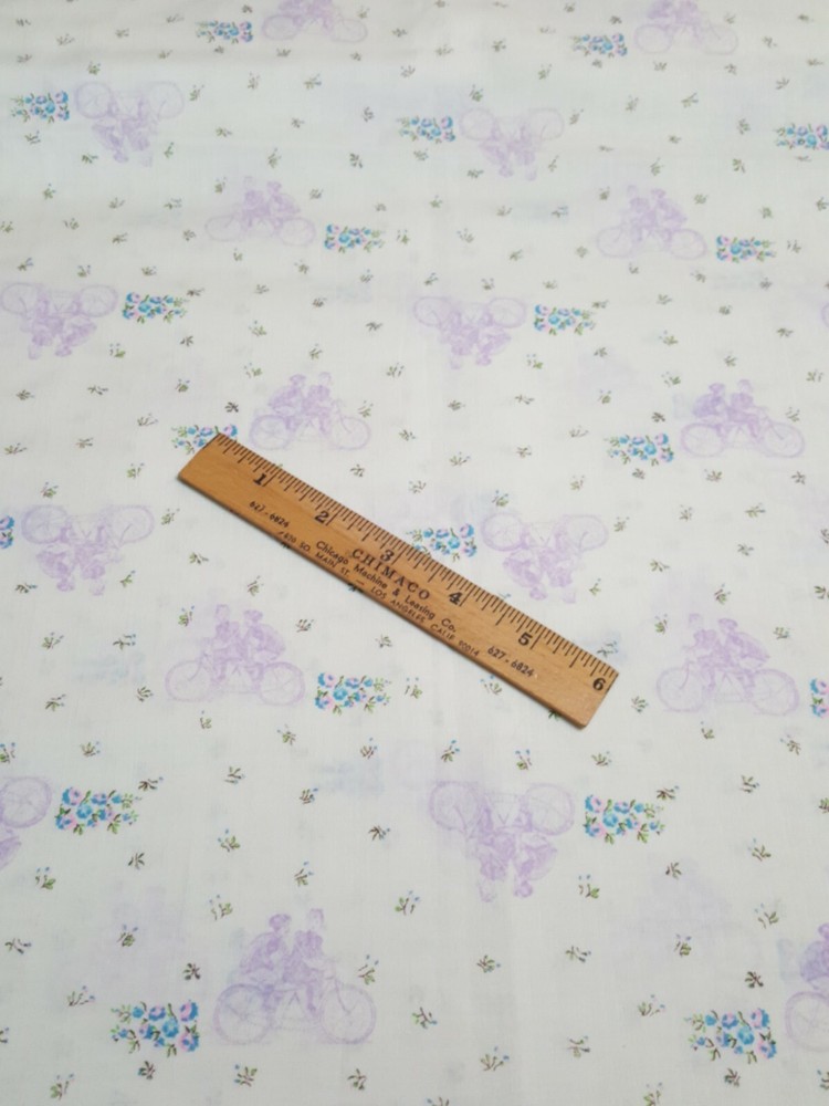 Vintage Cotton Fabric Tandem Bicycle Bike + Flowers Purple Pink 1 Yard 18″ x 45″