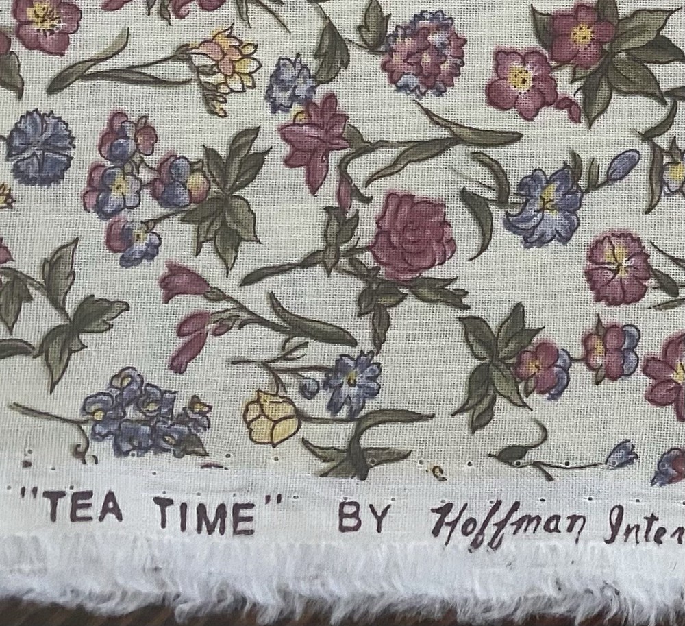 VTG Hoffman International “Tea Time” Small Pink Purple Floral On Tan Fabric 4 Yd