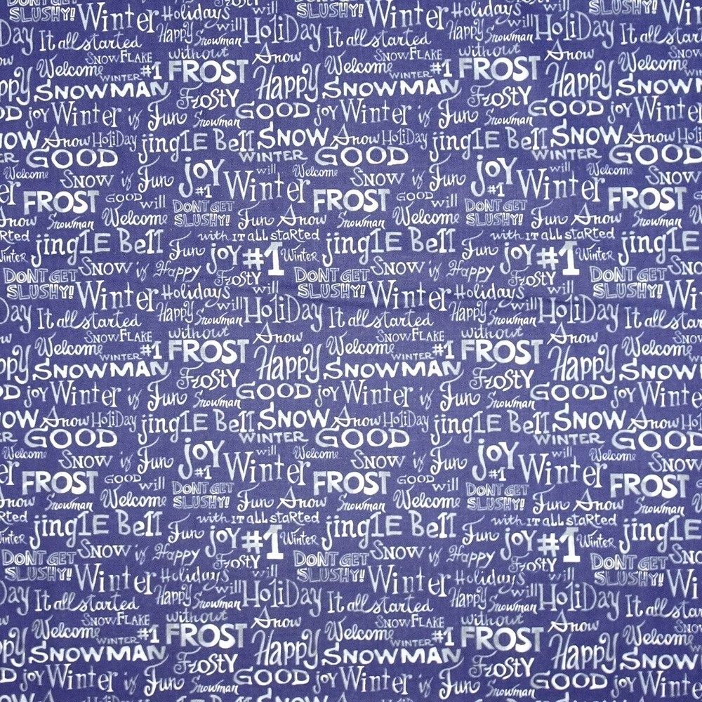 Christmas Fabric – Snow Family Words Gray Blue – Paintbrush Studio YARD