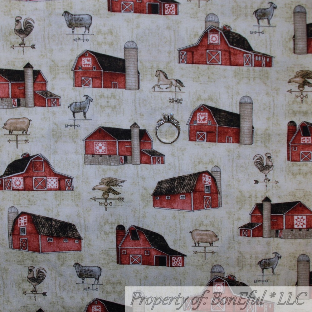 BonEful FABRIC FQ Cotton Quilt Brown Red Barn Farm Scenic Horse Pig Rooster Cow