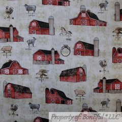 BonEful FABRIC FQ Cotton Quilt Brown Red Barn Farm Scenic Horse Pig Rooster Cow