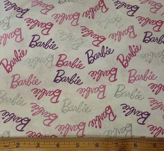 UNBRANDED Fabric – BARBIE – Words with Glitter on White – by the HALF yd (18″)