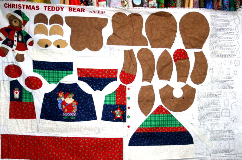 60 INCH WIDE CHRISTMAS TEDDY BEAR AND CLOTHING PANEL – 100% COTTON FABRIC