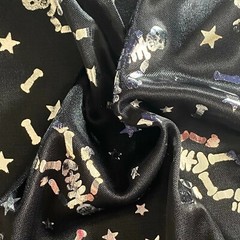 Halloween Fabric Skeletons Bones Stars on Black Silver Metallic Nylon Nice Drape
