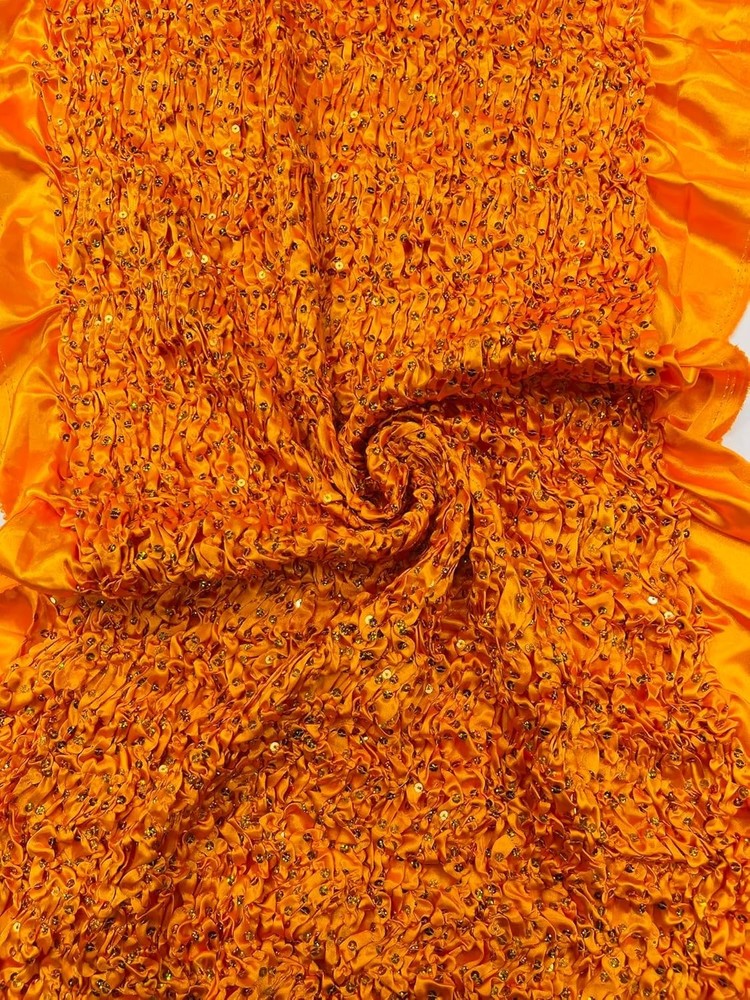 Orange Pleated Stretch Satin Ruffle lace Trim with Hologram Sequin fabric 24″