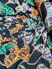Snake print, Animal print, Jersey Knit Fabric. GREEN ORANGE STRETCH FABRIC Black