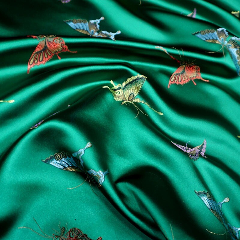 1M Satin Silky Fabric Jasper Cloth Butterfly Pattern Brocade for Cheongsam Dress