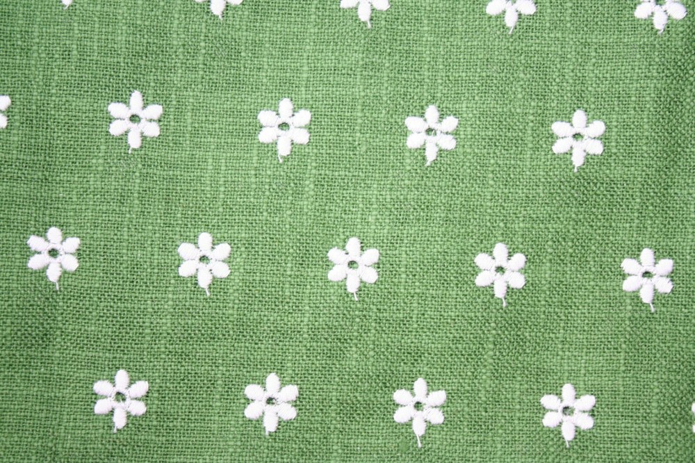 Embroidered White Daisy Linen Cotton Fabric Slub Woven West Germany Green OR Red