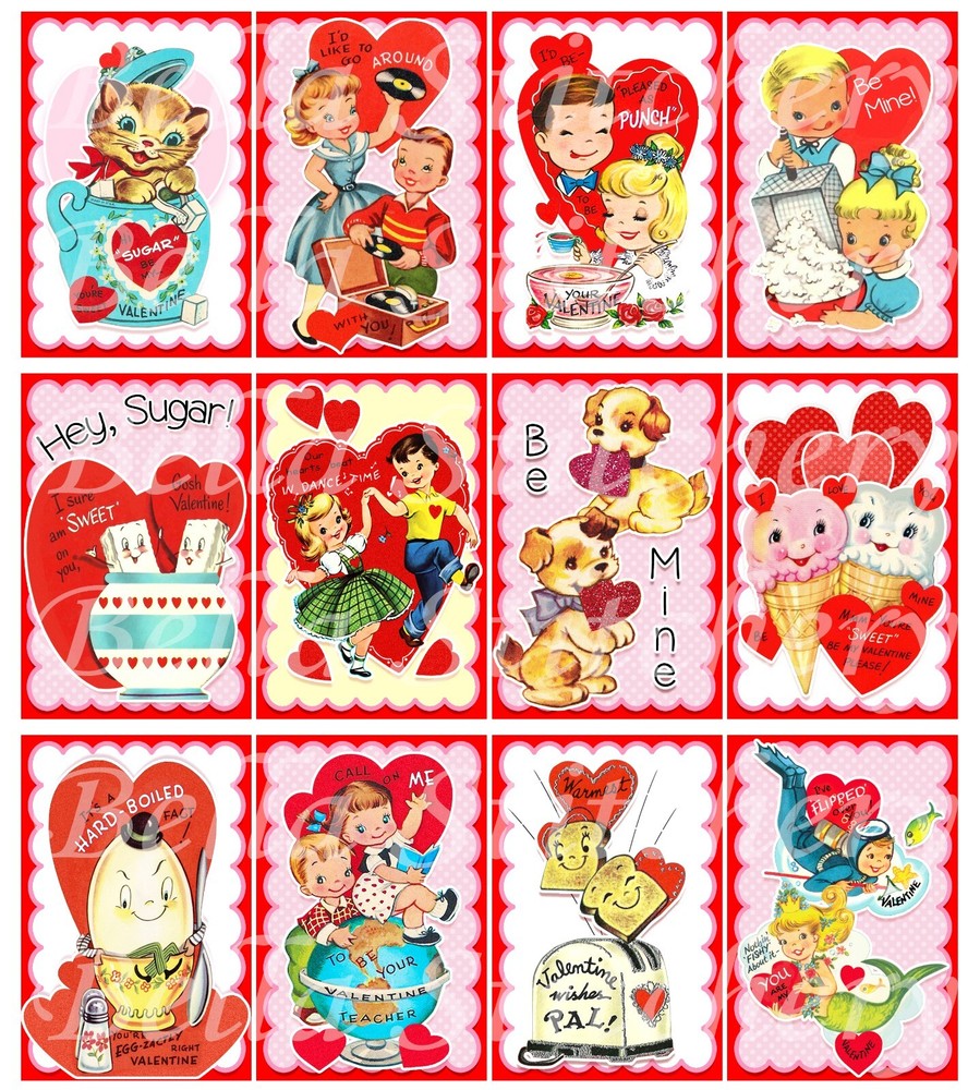 Set of 12 Vintage Retro Valentine Puns & Hearts Quilt Cotton FABRIC Panels