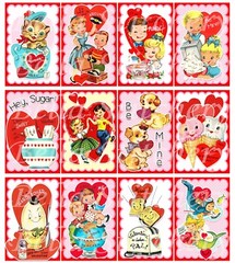 Set of 12 Vintage Retro Valentine Puns & Hearts Quilt Cotton FABRIC Panels