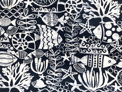 Coastal Navy Outdoor Fabric Fish Shell Starfish Ocean Beach Patio 1.75Yard Lot