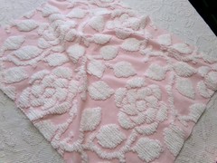 sculpted rose pink vtg chenille bedspread fabric, stylized roses quilt material