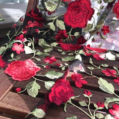 Iris RED Floral and Leaves Embroidery on BLACK Mesh Lace Fabric by the Yard – 1