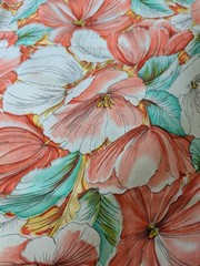 VTG Tropical Fabric Watercolor Hibiscus 80’s Peach Seafoam 140×45 Sewing