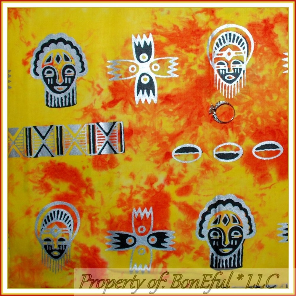 BonEful FABRIC FQ Cotton Quilt Yellow Orange US African Culture Batik Tribe Face