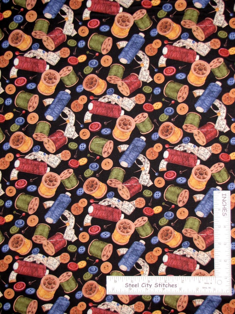 Sew Thread Spool Button Black Fabric By the Yard Cotton Wilmington Sew Curious