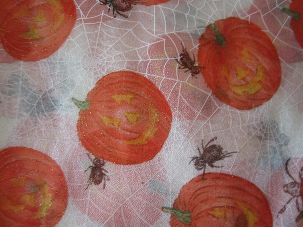 Vtg Glitter Orange Pumpkin Black Spider White Web Clear Netting Fabric