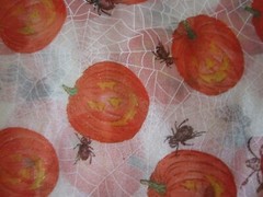 Vtg Glitter Orange Pumpkin Black Spider White Web Clear Netting Fabric