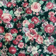 2.5 YD Vintage Floral Fabric Dark Green Cotton Joan Kessler