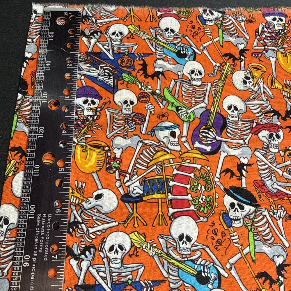 Rolling bones Skeleton Band Spooky Halloween Cotton Fabric 42” X 18” Orange