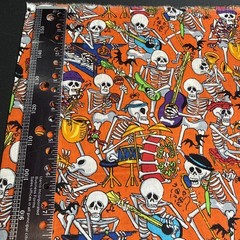 Rolling bones Skeleton Band Spooky Halloween Cotton Fabric 42” X 18” Orange