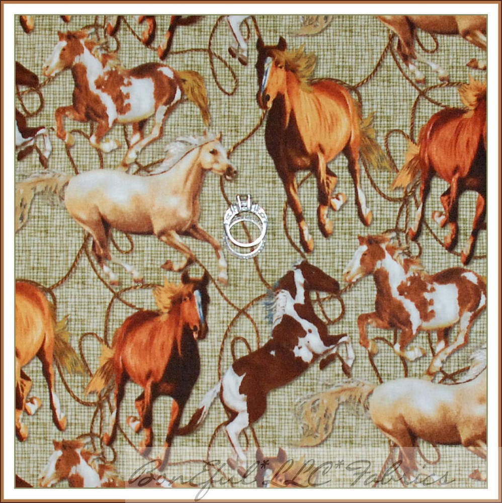 BonEful Fabric FQ Cotton Quilt Brown Tweed Wild HORSE Farm Equestrian Rope Lasso