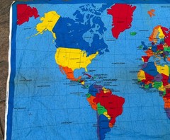 Vintage Sewing Fabric Traditions World Map Panel 1990s Blue & Brights 35×60”