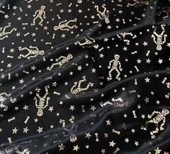 Halloween Fabric Skeletons Bones Stars on Black Silver Metallic Nylon Nice Drape