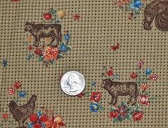 VTG Joan Kessler Cotton Fabric Concord Farm & Floral Chicken Cow Sheep Tan Dots