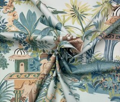 THIBAUT MYSTIC GARDEN SPA BLUE PEACOCK TEMPLE TOILE MULTIUSE FABRIC BY YARD 54″W
