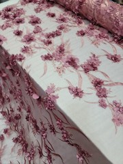 Mauve Bridal 3d Lace Beaded 3d Floral Flowers Satin Embroidered Beads Mesh