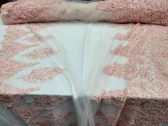 “Rose Pink Beaded Sequin Embroidered Lace Fabric with Scalloped Edges – Sold by
