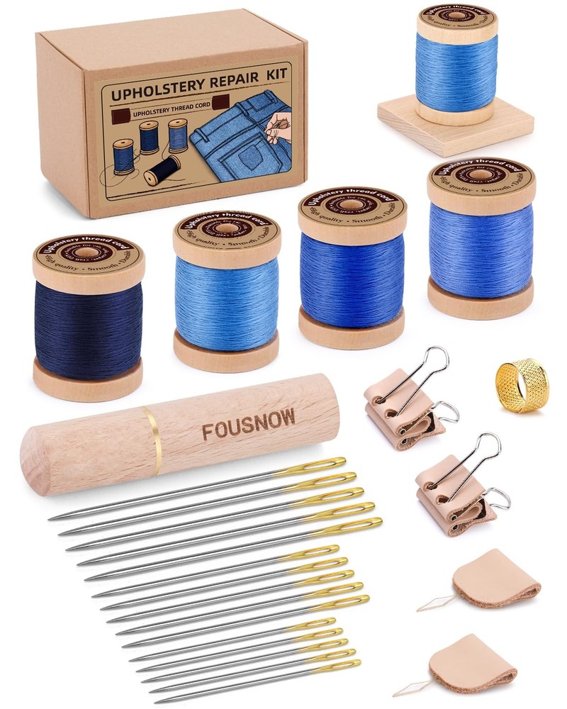 FOUSNOW Upholstery Repair Kit, Sewing 26 Pcs (Blue Thread), Multicolor