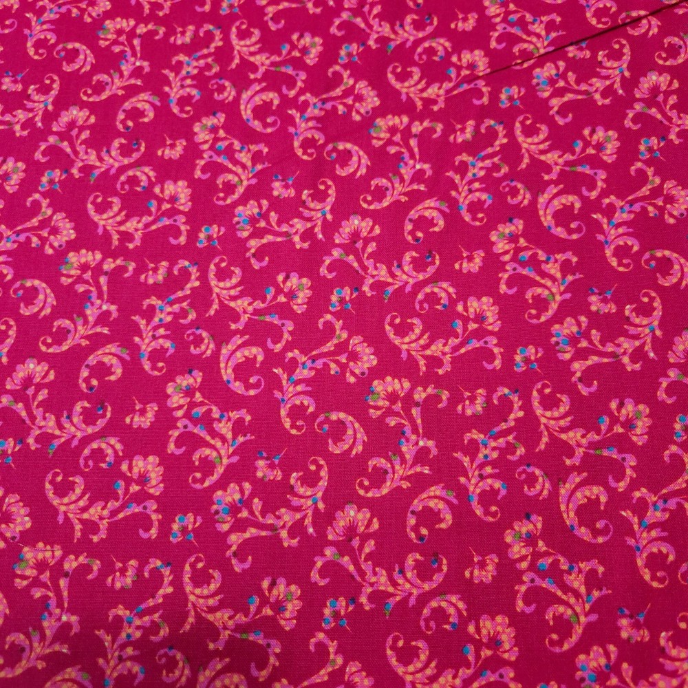 Ashtyn BTY Junebee Ink & Arrow Floral Scroll Teal Green on Dark Hot Pink