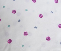 Embroidered blue hearts and rose flowers on white heavy cotton fabric 36 x 50″