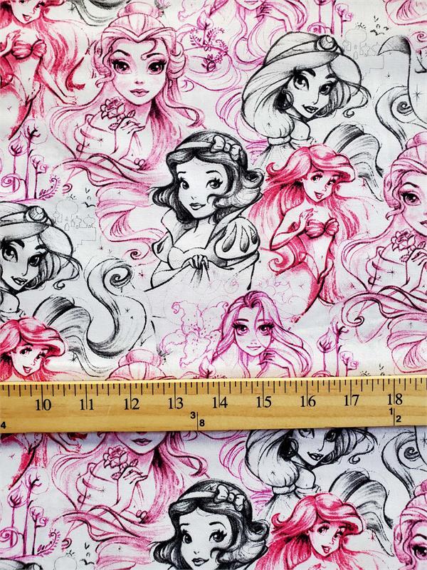 100% Cotton Fabric Disney Princesseses Sketches BLACK AND PINK INK/ Sold By Yard