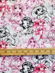 100% Cotton Fabric Disney Princesseses Sketches BLACK AND PINK INK/ Sold By Yard