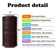 HILELIFE 568 Yards 2 PCS 150D 0.8mm Waxed Thread for Leather Sewing, brown